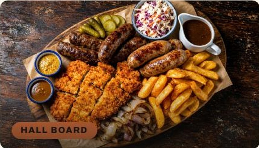 Hall Board with schnitzel, snags, slaw, chips, mustard and gravy