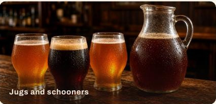 Three schooners of Tasmanian beer beside a full jug