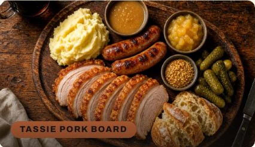 Roast Tasmanian pork with crackling, mash, apple and gravy