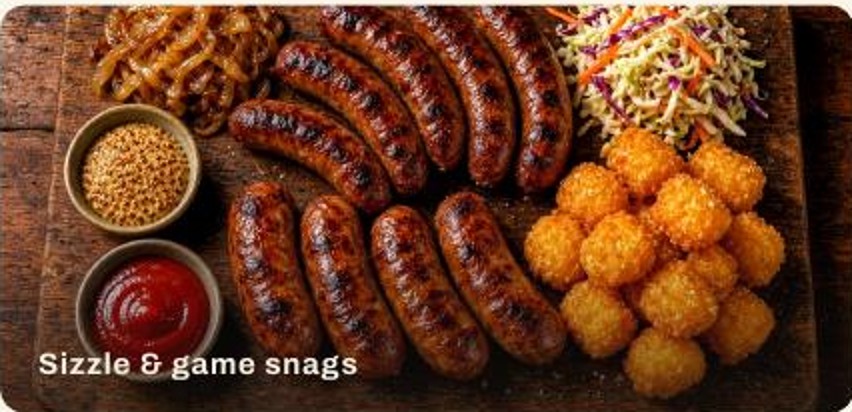 Grilled sausages with potato gems, slaw, mustard and sauce